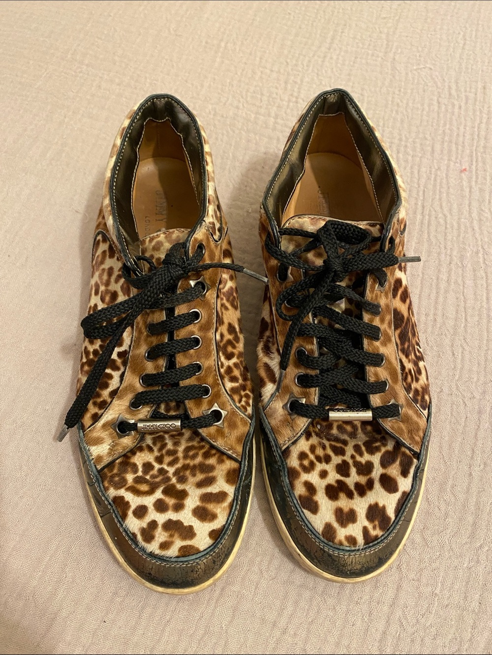 ImmJIMMY CHOO Leopard Print Leather Lace-Up Sneakers - Designer Style. Size 37.5